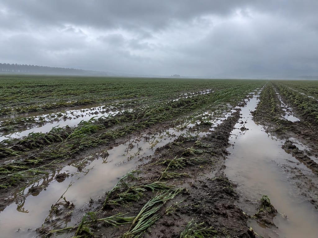 Поле после сильного ливня: вода стоит лужами между рядками, борозды раскисли