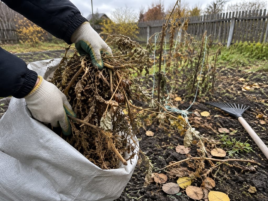 Руки в садовых перчатках складывают в мешок сухую ботву томатов с побуревшими листьями на пустой осенней грядке