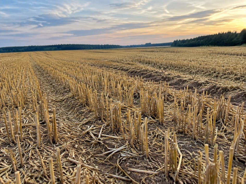 Стерня пшеницы после уборки: короткие срезанные стебли на корню и ровный слой мелко порубленной соломы между ними