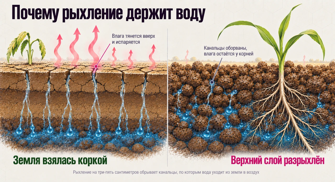 Сравнение двух грядок в разрезе. Слева земля взялась коркой: от влажного нижнего слоя к поверхности тянутся сплошные канальцы, по ним вода поднимается и уходит в воздух, растение подвяло. Справа верхний слой разрыхлён на несколько сантиметров: канальцы оборваны комками, капли воды остаются внизу у корней, растение крепкое