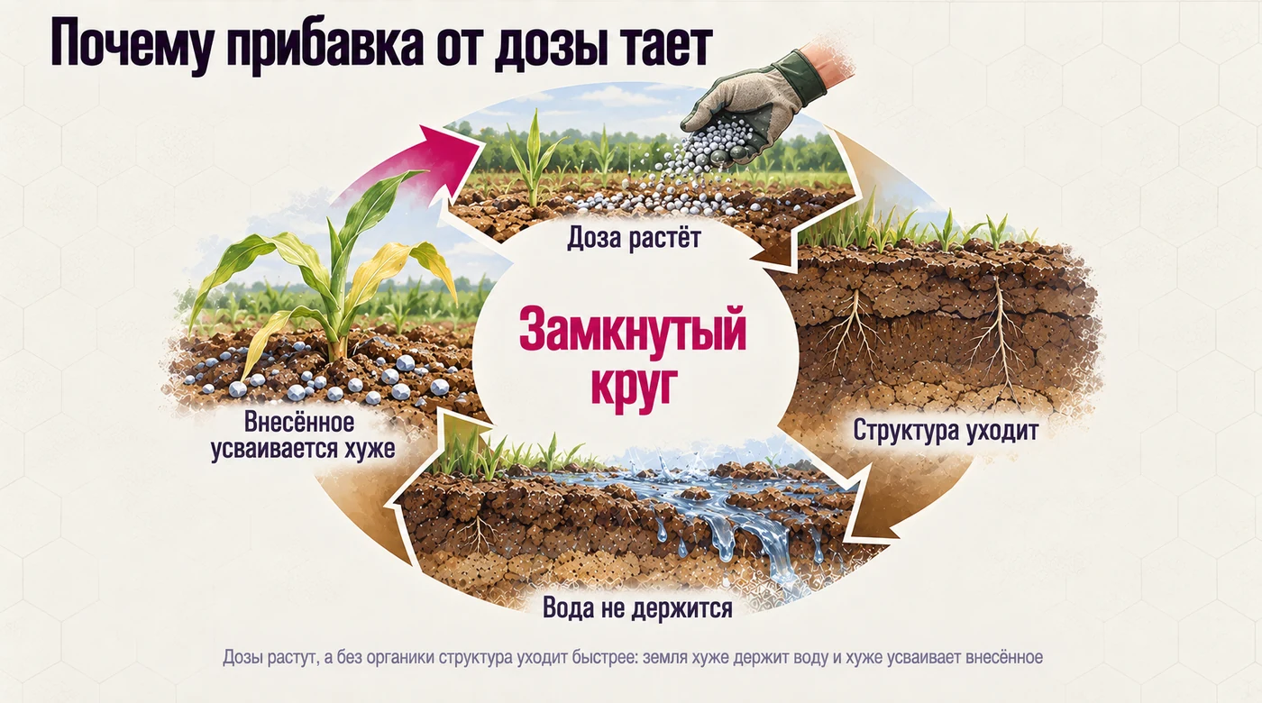Замкнутый круг из четырёх звеньев. Доза растёт: рука рассыпает минеральные гранулы над полем. Структура уходит: земля в разрезе слитная, комков почти нет. Вода не держится: она стекает по поверхности, не впитываясь. Внесённое усваивается хуже: лист бледный, часть гранул лежит рядом нетронутой. Стрелка возвращается к первому звену и замыкает круг