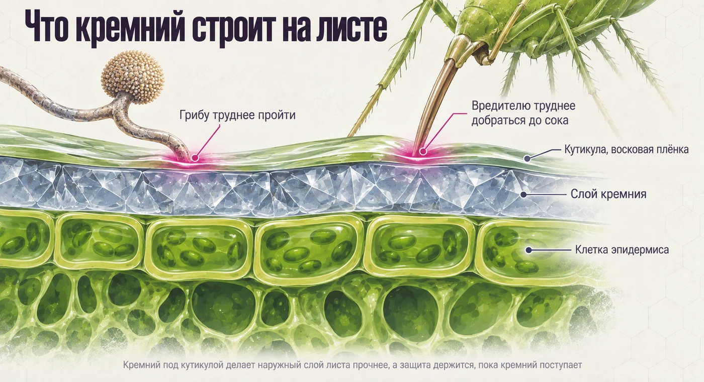 Сильно увеличенный разрез листа. Сверху восковая плёнка кутикулы, под ней плотный стекловидный слой кремния, ниже ряд клеток эпидермиса с хлоропластами и мякоть листа. Росток гриба слева и хоботок тли справа упираются в слой кремния и гнутся: пройти им труднее