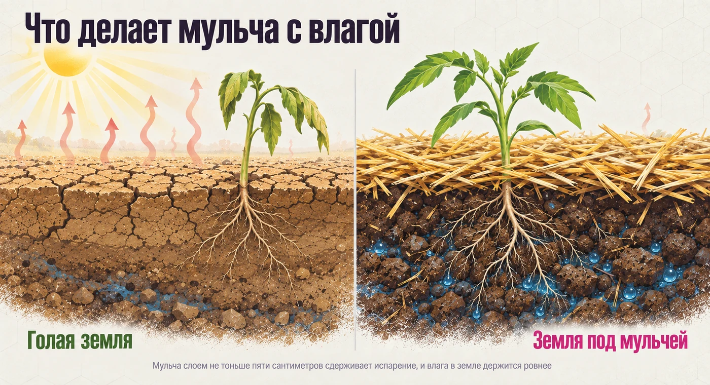 Сравнение двух грядок в разрезе. Слева голая земля под жарким солнцем: поверхность растрескалась, от неё вверх уходят волны испарения, растение подвяло. Справа та же земля под слоем соломенной мульчи: под соломой комки влажные, между ними капли воды, испарения почти нет, растение крепкое