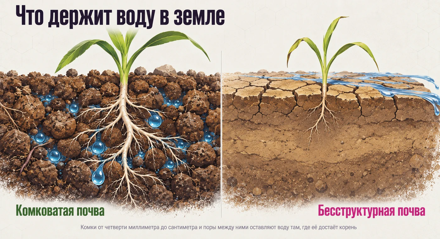 Сравнение двух почв в разрезе. Слева комковатая земля: между комками держатся капли воды, корень растения дотягивается до них и растение крепкое. Справа бесструктурная земля с растрескавшейся коркой, вода стекает по поверхности мимо корней, корень короткий, лист вялый