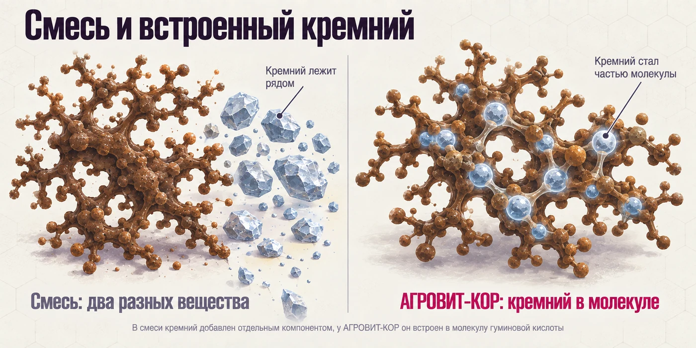 Сравнение двух составов. Слева ветвистая молекула гуминовой кислоты, а рядом с ней отдельно лежат кристаллы кремния: в смеси это два разных вещества. Справа та же молекула, но кремний встроен в её скелет и соединён с ним связями — вещество одно